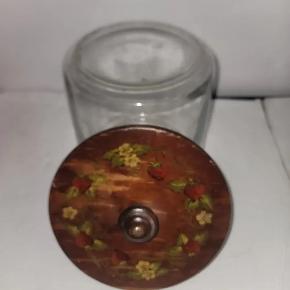 Vintage Strawberry Glass Jar w/ Wooden Lid 1980s Kitsch Decor storage canister